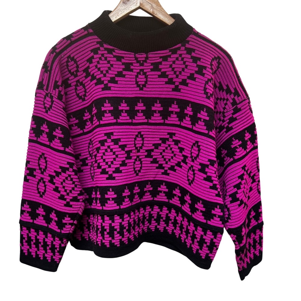 Vintage South‎ Knit Geometric Pattern Mock Neck Sweater Women Medium Pink Black